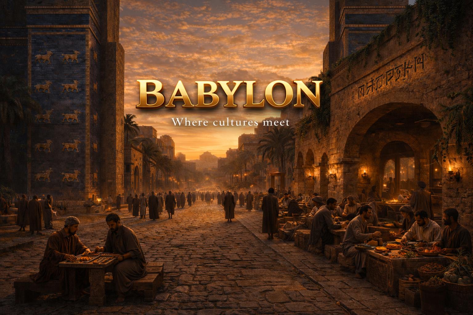 Ancient Babylon street and market at golden hour