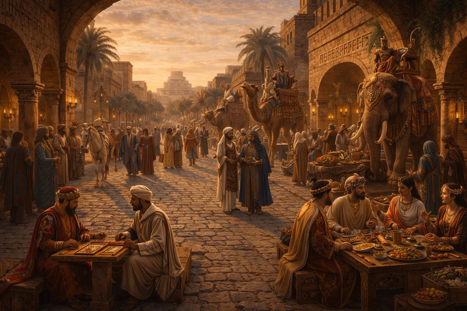 Multicultural bazaar scene at Babylon House